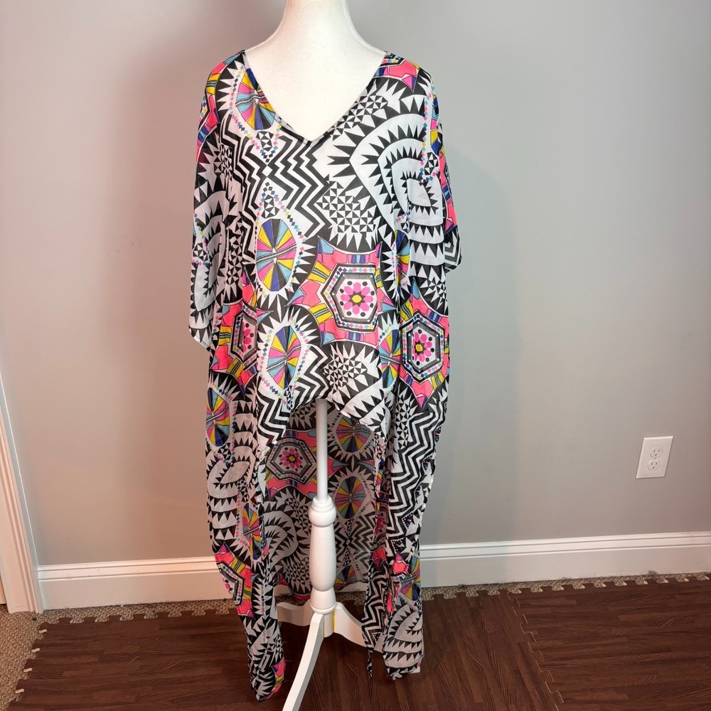 boohoo Womens Colorful Geometric Hi-Low Sheer beach coverup MED 80's resortwear